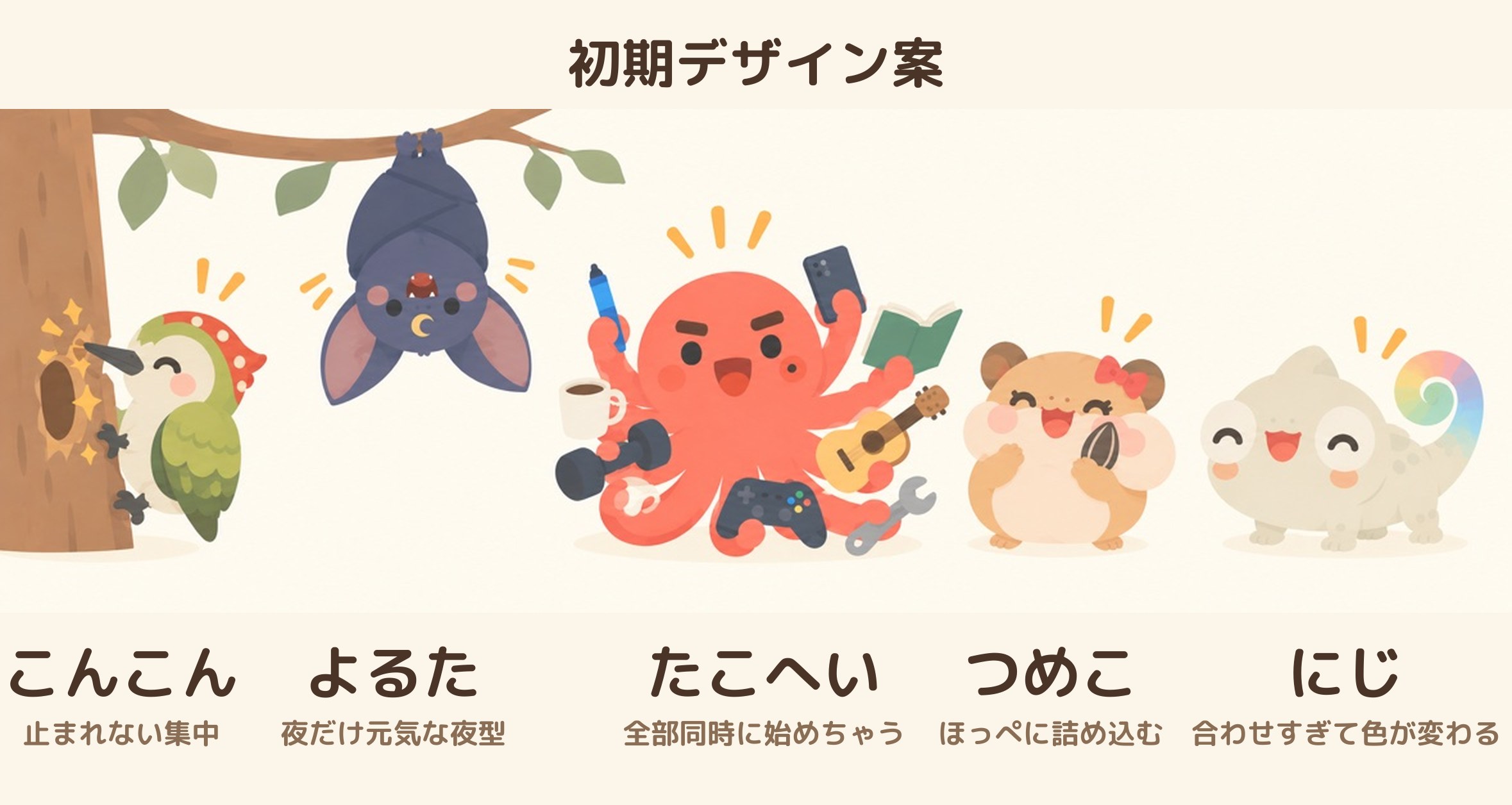 たこへいたち5人の初期デザイン案（こんこん、よるた、たこへい、つめこ、にじ）